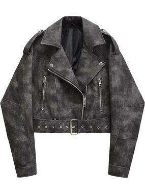 Women's Camo Faux Leather Cropped Biker Jacket Vintage Short Belted Coat